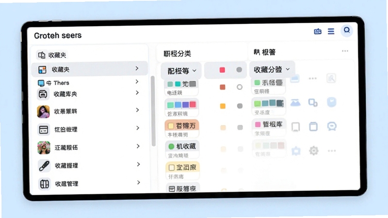 配色库 色卡收藏与管理界面 画面展示收藏夹列表与标签分类 背景为淡蓝色调 图标清晰 界面整洁 适合软件功能介绍配图
