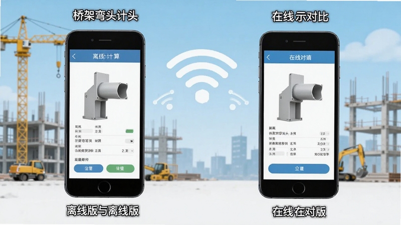 桥架弯头计算器离线版与在线版功能对比示意图,左侧手机显示离线计算界面,右侧手机显示在线界面,背景为工地与网络信号图标,画面简洁直观,帮助用户理解两者差异。
