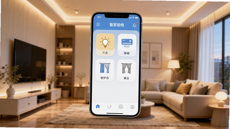 一款名为智家拍档的智能家居管理应用界面展示,画面主体为悬浮在空中的智能手机屏幕,屏幕内呈现智能家居设备控制面板,包含灯光、空调、窗帘等图标,背景为现代简约风格的客厅场景,暖色调灯光,科技感与生活感融合,画面中心坐标为手机屏幕区域,背景区域为客厅环境,整体风格清新明亮,适配Boogu模型生成