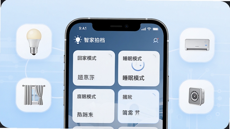 智家拍档应用中的场景联动设置界面,画面主体为手机屏幕特写,屏幕内显示回家模式、睡眠模式等场景卡片,周围环绕智能灯泡、空调、窗帘等设备图标,背景为淡蓝色科技渐变背景,整体风格简洁现代,突出智能联动概念,适配Boogu模型生成
