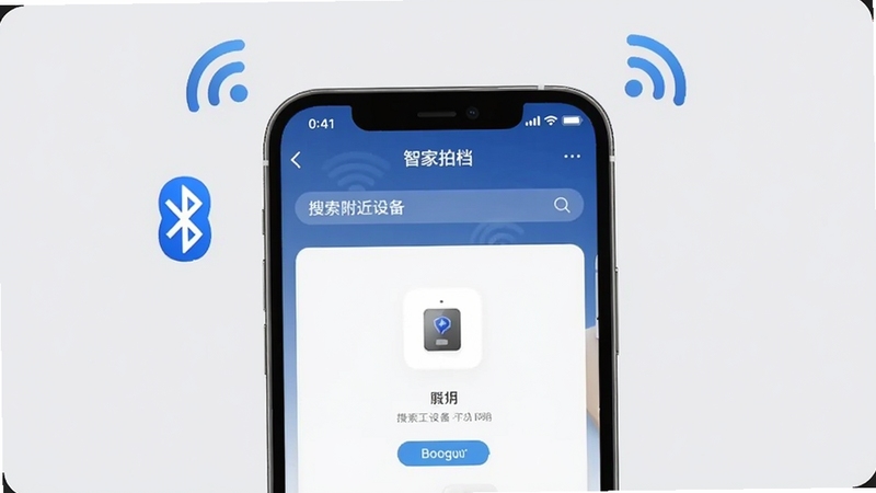 智家拍档在手机上的设备添加流程截图,画面主体为手机屏幕显示搜索附近设备界面,屏幕周围有蓝牙、WiFi信号图标,背景为浅灰色简约风格,突出操作步骤清晰易懂,适配Boogu模型生成