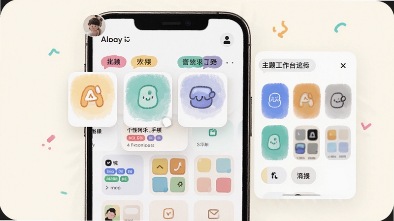 阿尔法系统个性化工作台界面图,画面展示手机屏幕中可拖拽的功能卡片与主题配色选择面板,背景为柔和的米白色调,屏幕内呈现多种颜色标签与布局网格,整体风格清新明快,突出用户自定义的灵活性与趣味性
