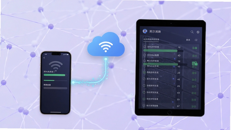 阿尔法系统数据同步管理示意图,画面中央为手机与平板设备通过云端图标连接,背景为淡紫色抽象网络纹理,设备屏幕显示同步进度条与数据列表,整体视觉传达安全、稳定、实时的数据流转概念