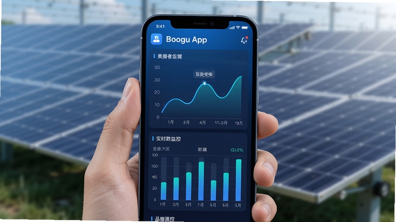 品能者App实时数据监控界面预览图,手机屏幕展示折线图与柱状图,数据动态刷新,背景为光伏板阵列,科技蓝主色调,Boogu模型生成,界面清晰,光影自然