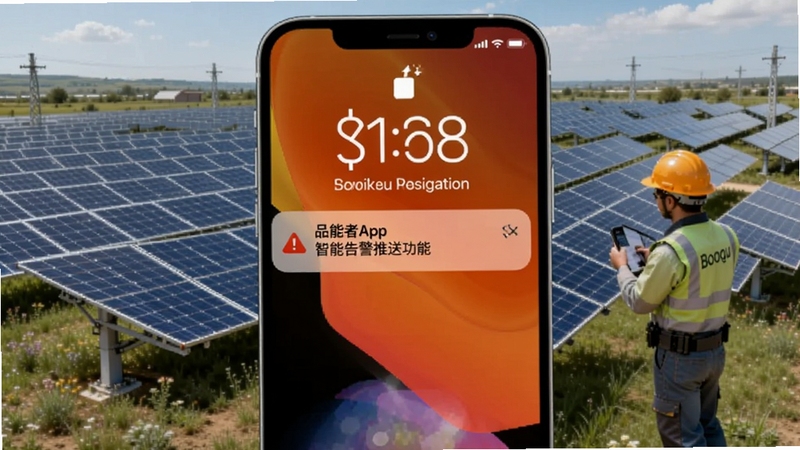 品能者App智能告警推送功能展示图,手机锁屏界面弹出告警通知,背景为光伏电站运维场景,橙色警示色调,Boogu模型生成,细节丰富