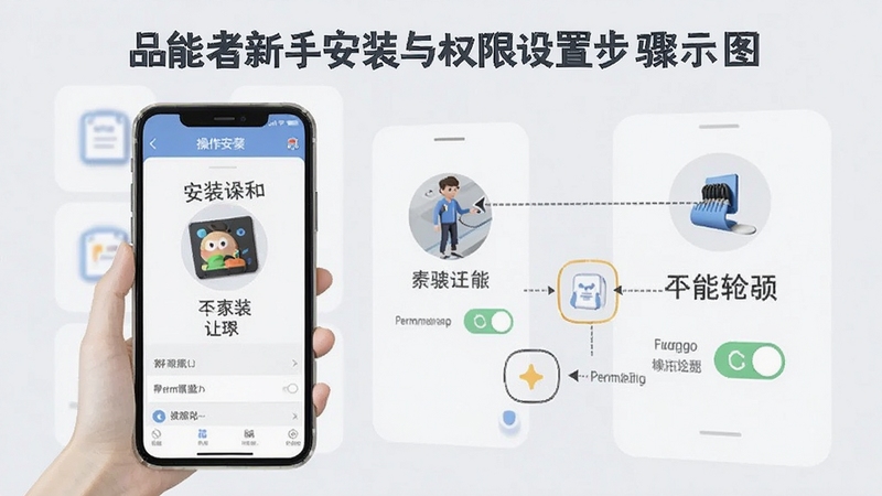 品能者新手安装与权限设置步骤示意图,手机屏幕展示安装界面与权限开关,背景为简洁操作指引风格,Boogu模型生成,步骤清晰,图标明确