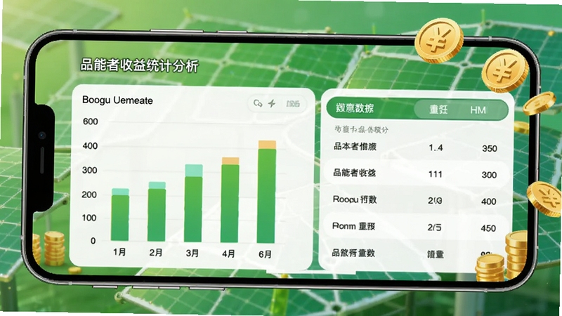 品能者收益统计分析报表界面预览图,手机屏幕展示柱状图与数据列表,背景为绿色能源与金币元素融合,Boogu模型生成,色彩明快