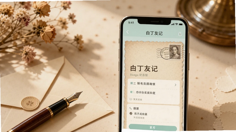 画面主体为一部竖屏智能手机居中放置在画面偏右下位置,屏幕中显示白丁友记应用界面,界面呈现复古信纸质感与邮票元素,背景区域为暖色调书桌场景,桌上散落信封、钢笔与干花,整体光线柔和温暖,风格清新治愈,适配Boogu模型生成
