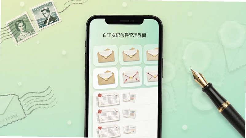 白丁友记信件管理界面预览图,画面展示手机屏幕中排列整齐的信封图标与信纸列表,背景为柔和浅绿色渐变,点缀邮票与钢笔元素,整体风格简洁清新,适合Boogu模型生成
