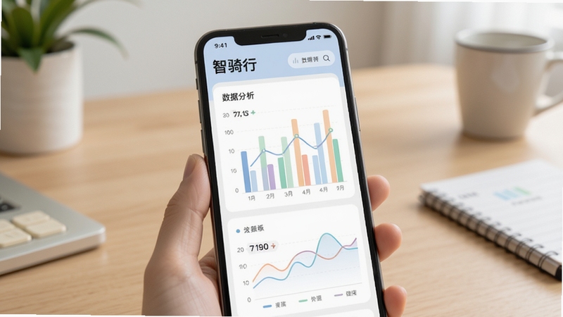 智骑行 数据统计图表页面 手机屏幕展示柱状图与折线图 配色柔和 背景为室内简约桌面 体现数据分析与运动健康主题