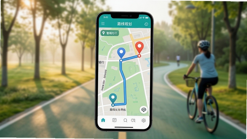 智骑行 路线规划导航界面 手机竖屏显示地图路径 起点终点标记清晰 背景为清晨公园绿道 氛围轻松健康