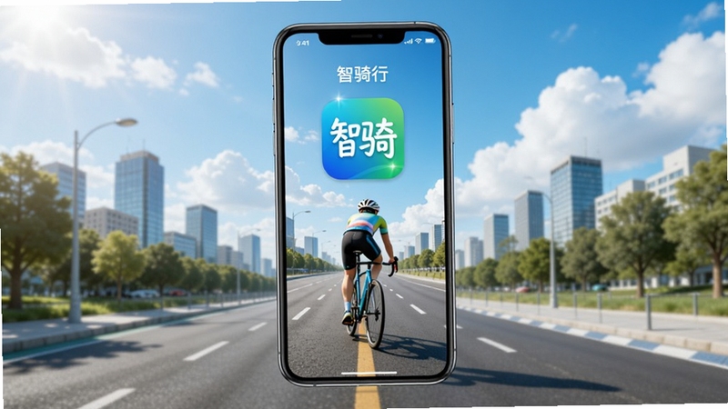 智骑行 软件主界面 手机屏幕居中展示 背景为城市骑行道路与蓝天白云 画面明亮清新 适合作为下载站头图