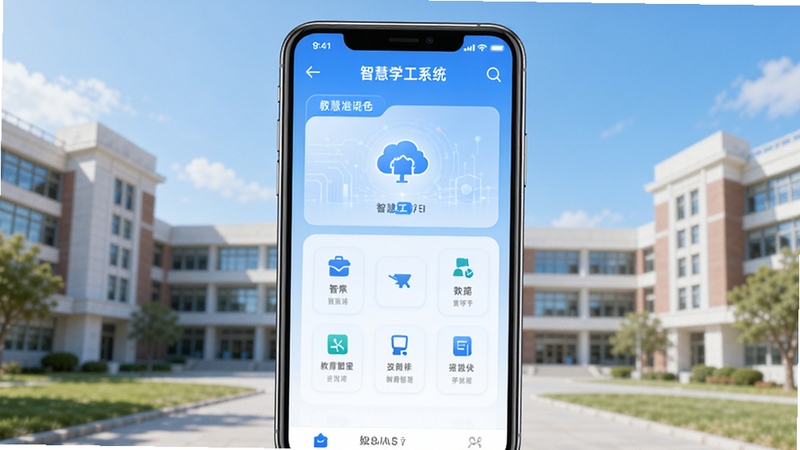 一款名为智慧学工系统的手机应用主界面展示,画面主体位于正中央,背景为简洁的校园教学楼与蓝天,整体色调清新明亮,突出教育管理类软件的科技感与亲和力