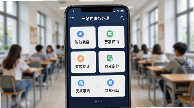 智慧学工系统的一站式事务办理界面,画面主体为手机屏幕上的功能卡片列表,背景为虚化的教室走廊,整体风格现代简洁,突出高效便捷的办事体验