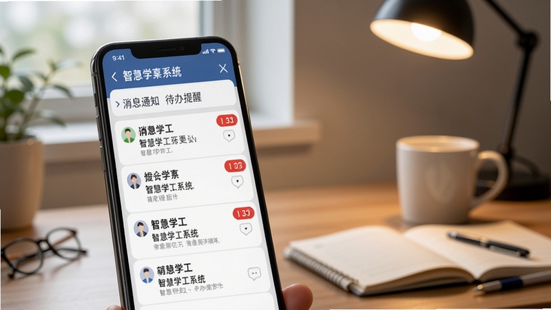 智慧学工系统的消息通知与待办提醒界面,画面主体为手机屏幕上的消息列表与红色提醒角标,背景为柔和的书桌场景,整体氛围安静专注,体现及时提醒的功能特点