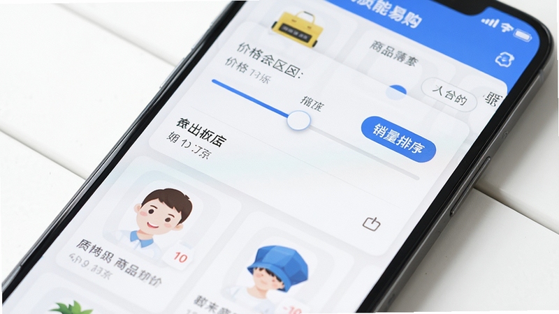 ���׹�����ɸѡ���ܽ��棬�ֻ���Ļ��дչʾɸѡ��壬�����۸����们�顢��������ť����Ʒ��Ƭ�б�������Ϊ�ɾ��İ�ɫ���棬����������ͣ�ͻ��������ݸ�