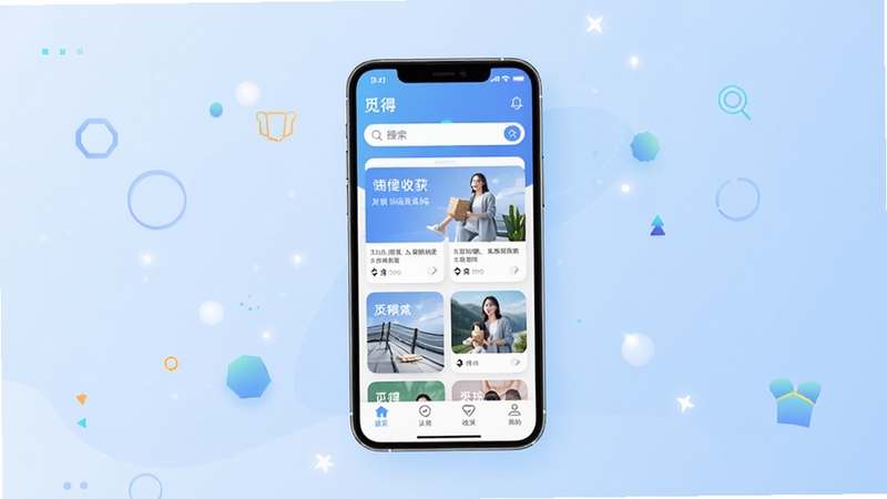 觅得应用主界面全貌展示,画面中央为手机屏幕正视图,屏幕内呈现觅得应用首页的卡片式布局与搜索栏,背景区域为柔和的浅蓝色渐变,四周点缀简约的几何图形与光点,整体风格清爽现代,突出