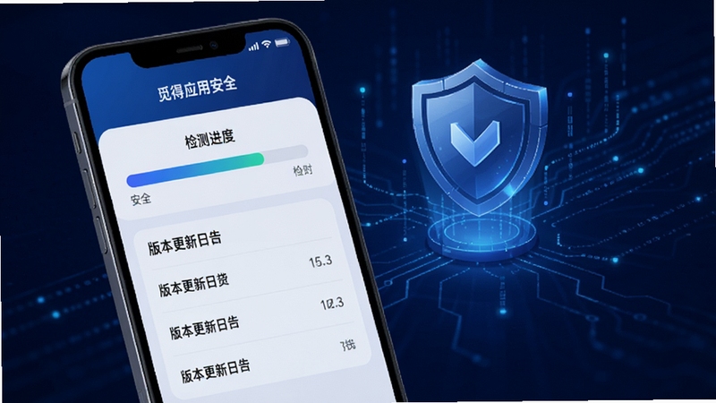 觅得应用安全下载与版本管理界面,手机屏幕展示安全检测进度条与版本更新日志,画面采用科技感十足的深蓝色调,背景有盾牌图标与数据流线条,体现