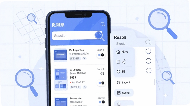 觅得应用内智能搜索与资源聚合界面,手机屏幕中展示搜索结果列表与筛选面板,画面采用扁平化插画风格,主色调为蓝白相间,背景有淡淡的网格纹理与放大镜图标元素,体现