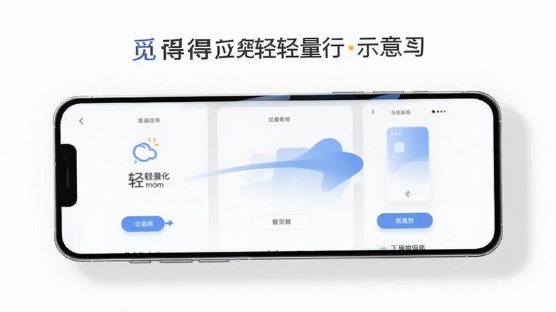 觅得应用轻量化运行示意图,手机屏幕显示简洁的操作界面与流畅的动画效果,画面采用极简风格,背景为纯白色搭配淡灰色阴影,突出
