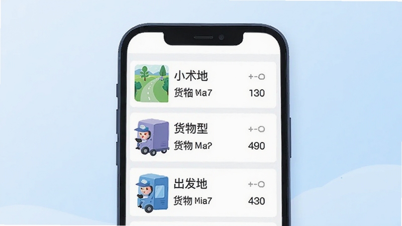 小铁马司机端应用界面截图风格插画,画面主体为手机屏幕展示货源列表,每条货源标注出发地目的地和货物类型,背景为简洁的浅蓝色渐变,突出信息清晰可读,适合软件下载站配图