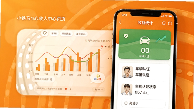 小铁马司机端个人中心页面概念图,画面主体为手机界面展示收益统计图表和车辆认证状态,背景为温暖的橙色系,营造可靠信赖的视觉感受,细节丰富