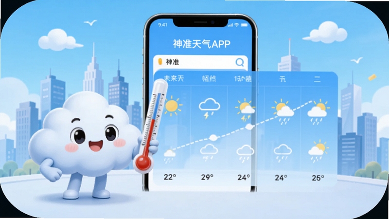 ��׼����APP������ȫòչʾ��һֻ��ͨ����С�ƶ������¶ȼ�վ�ڳ�������߱���ǰ�������������£���ɫ��Ϊ����ɫ���ɫ���ֻ���Ļ����ʾδ���������������ͼ���������ִ����ʺ���Ϊ��������վ��Ԥ��ͷͼ��