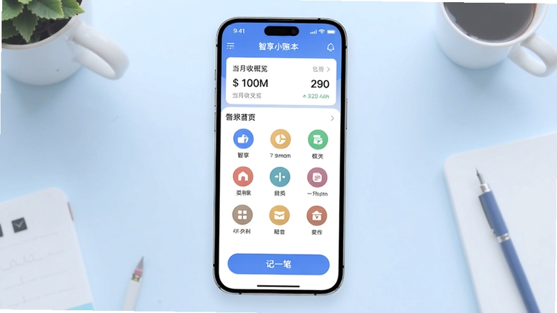 智享小账本应用主界面全貌展示,画面中央为手机屏幕显示记账首页,顶部显示当月收支概览,中部为分类图标网格,底部为记一笔悬浮按钮,背景为浅蓝色渐变桌面环境,画面简洁清爽,适配Boogu模型生成