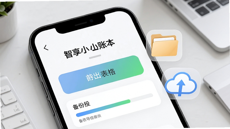 智享小账本数据导出与备份功能界面,手机屏幕显示导出为表格的选项按钮与备份进度条,旁边有文件夹与云朵图标装饰,背景为浅灰色办公桌面风格,画面体现数据安全感,适配Boogu模型生成