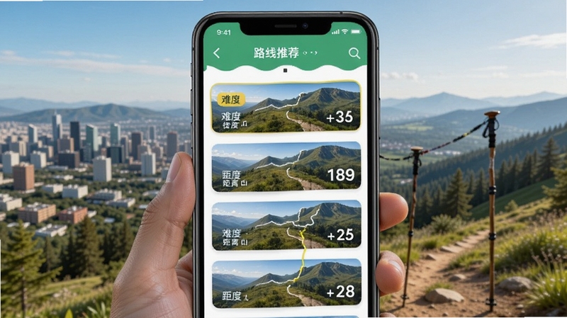 户外徒步助手APP路线推荐界面,手机屏幕显示多条徒步路线列表,每条路线带有难度标签和距离信息,背景为城市边缘的山野风光,画面明亮清晰