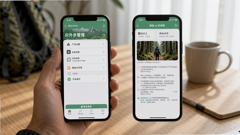 户外徒步助手安全设置与隐私保护界面,手机屏幕显示权限管理列表和隐私说明页面,背景为简洁的室内桌面场景,光线柔和