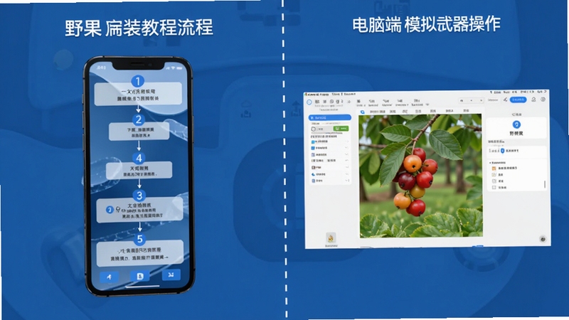 野果使用教程示意图,画面分为左右两部分,左侧为手机端安装步骤流程图,右侧为电脑端模拟器操作界面截图,中间以虚线分隔,整体采用蓝色调信息图风格,标注清晰步骤序号,适配Boogu模型生成