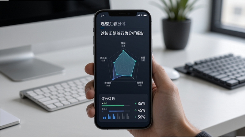途智汇驾驶行为分析报告页面,手机屏幕显示雷达图与评分数据,背景为简约办公桌面,色调沉稳专业,突出数据分析感