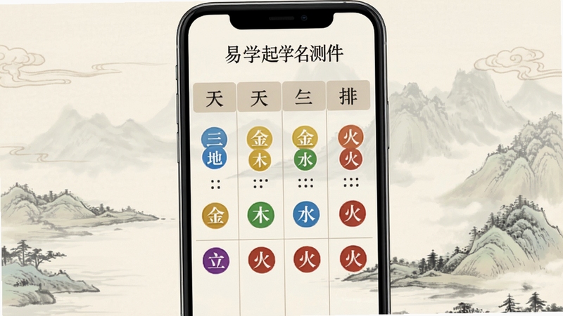 易学起名测名软件八字排盘界面,手机屏幕中央展示天干地支四柱表格,五行金木水火土用不同颜色圆形图标标注,背景为淡雅中国风山水纹理,顶部有软件名称字样,整体色调柔和清晰