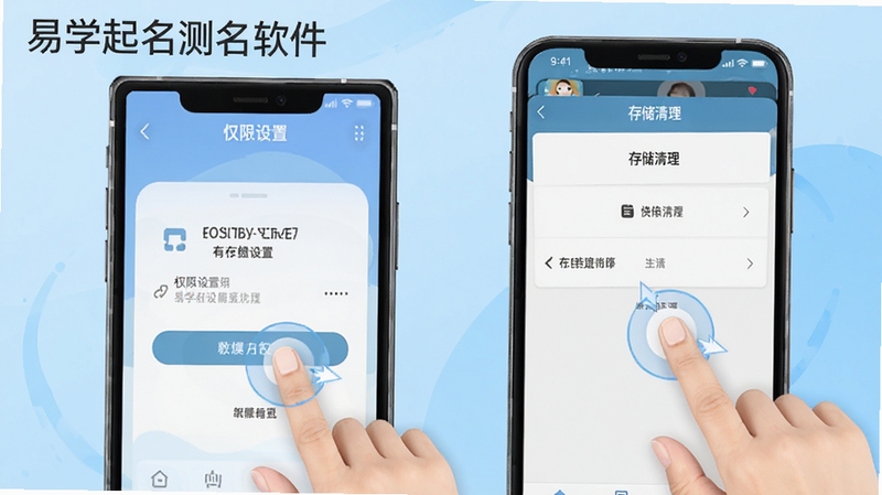 易学起名测名软件使用教程示意图,手机屏幕展示权限设置与存储清理界面,手指点击屏幕的动画效果,背景为浅蓝色渐变,画面角落有软件名称文字