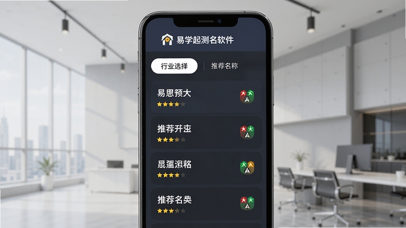 易学起名测名软件公司起名功能界面,手机屏幕展示行业选择标签与推荐名称列表,每个名称旁有星级评分和五行图标,背景为现代商务风格浅灰色调,顶部有软件名称标识