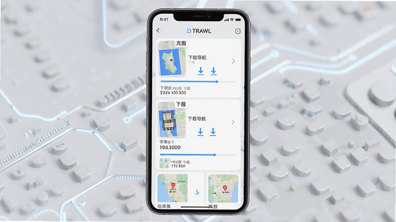 高图地图免费导航离线地图下载管理界面,手机屏幕显示多个城市地图包下载进度与存储占用信息,画面中有下载箭头与地图缩略图元素,背景为简洁灰白科技风格