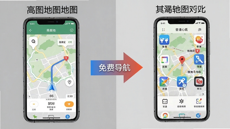 高图地图免费导航与其他地图软件对比示意图,画面左侧展示高图地图免费导航简洁导航界面,右侧展示普通地图应用复杂功能界面,中间有对比箭头标注,背景为中性灰色调