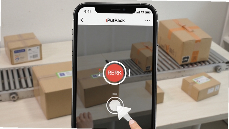 PutPack发货录像一键录像功能界面预览图,画面展示手机屏幕中PutPack发货录像应用的一键录制按钮被点击的瞬间,屏幕中央出现红色录制标识,背景为快递打包操作台与商品包裹,风格简洁直观,突出发货录像的便捷启动,适配Boogu模型生成