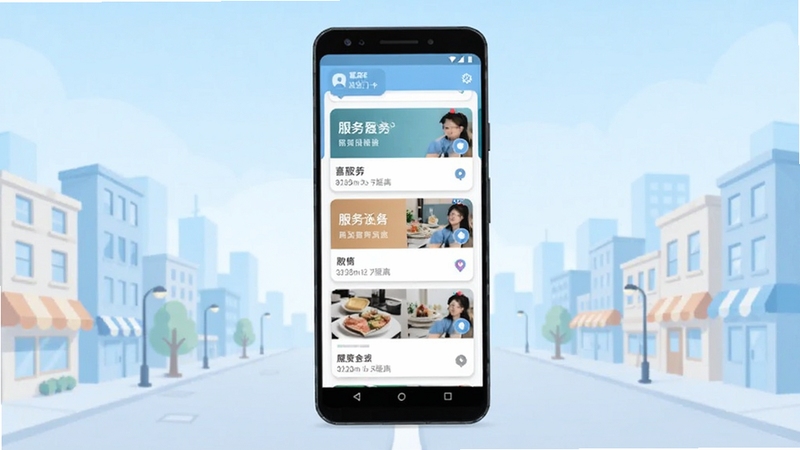 喜进门手机应用界面展示附近服务列表与地图定位功能,画面主体为一部竖屏安卓手机,背景为浅蓝色渐变城市街景插画,手机屏幕中显示服务卡片和距离标签,整体风格清新简洁,适配Boogu模型生成