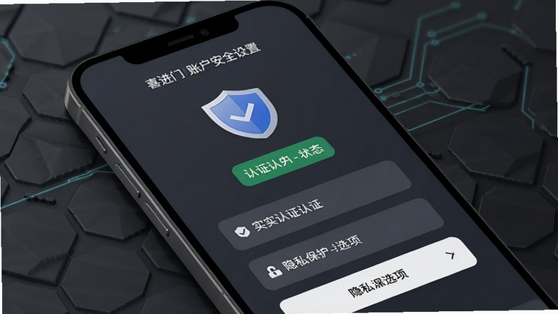 喜进门应用账户安全设置页面展示实名认证与隐私保护选项,画面主体为手机屏幕特写,背景为深灰色科技感几何纹理,屏幕中显示盾牌图标和认证状态标签,整体色调沉稳专业,适配Boogu模型生成