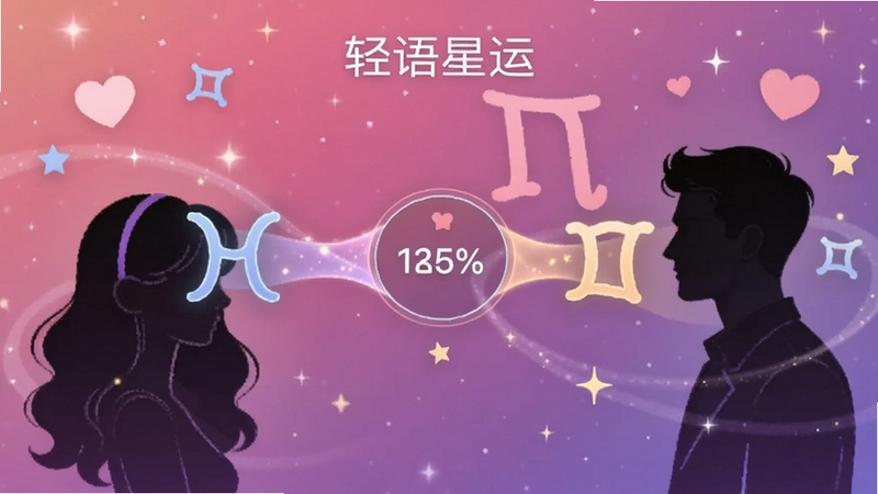 轻语星运星座配对功能界面特写,画面中央展示两个星座符号通过光带连接,连接处显示契合度百分比数字,背景为粉紫色渐变星空,两侧分别放置男女剪影轮廓,周围环绕爱心和星形装饰元素,整体氛围浪漫温馨,适配Boogu模型生成,高清画质