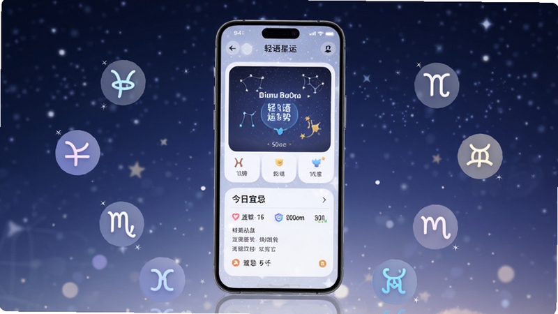 轻语星运官方应用主界面全貌展示,画面中央放置一部智能手机,手机屏幕显示星座运势卡片和今日宜忌信息,背景为深蓝色星空渐变,点缀柔和星光粒子,手机两侧环绕十二星座符号图标,整体风格神秘优雅,适配Boogu模型生成,高清画质,竖版构图