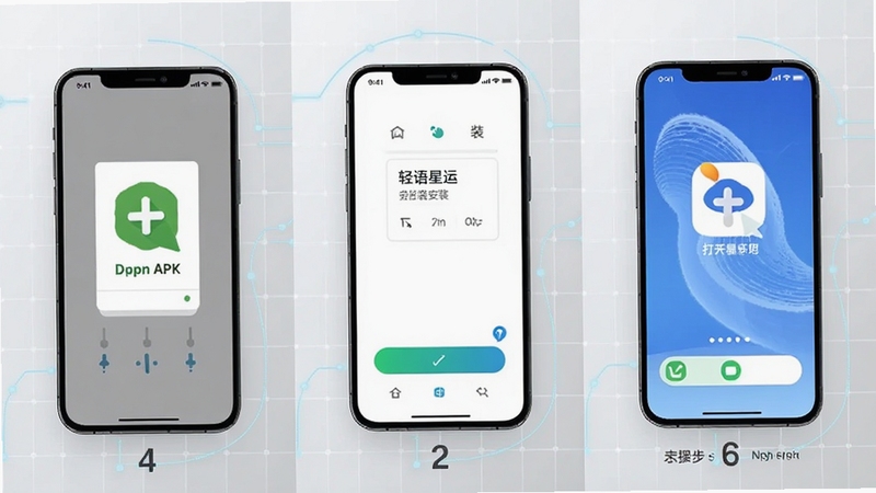 轻语星运手机安装步骤示意图,画面展示一部智能手机屏幕从下载APK文件到点击安装再到打开应用的三个连续画面,每个画面下方配有简洁的步骤序号,背景为浅灰色科技感网格,整体风格清晰直观,适配Boogu模型生成,高清画质
