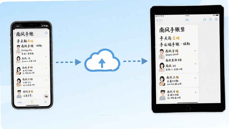 南风手账云端同步示意图,画面左侧是手机屏幕显示手账列表,右侧是平板屏幕显示同一手账内容,中间用云朵图标和虚线箭头连接,背景为淡蓝色渐变,整体传达数据同步与多设备管理的概念