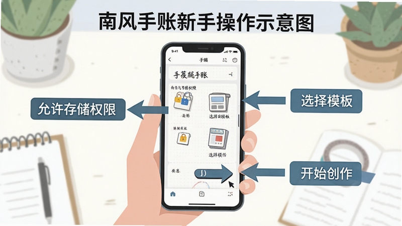 南风手账新手操作示意图,画面中一只手拿着手机,屏幕上显示手账编辑界面,旁边有箭头标注“允许存储权限”“选择模板”“开始创作”等步骤提示,背景为简洁的桌面环境,扁平化信息图风格
