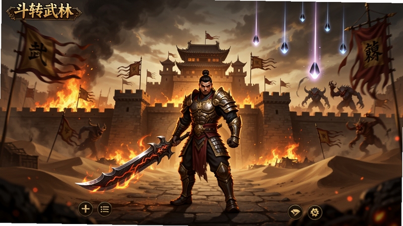 斗转武林游戏主界面全景,画面中央是身披铠甲的战士手持屠龙刀站立在沙城城墙前,背景是燃烧的烽火与飘扬的战旗,远处有怪物刷新点和光柱掉落特效,整体色调为暗金与赤红,突出传奇类手游的霸气氛围