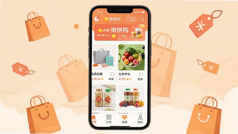 ��������Ϊһ�������ֻ�����Ļ��ʾ΢ƴ��Ӧ����ҳ���棬�Ϸ���ƴ�ŵ���ʱ������в�Ϊ��Ʒ�ٲ���չʾ�����������ðٻ�������ˮ������Ʒ��Ƭ���ײ�����������ҳ�����ࡢƴ�š��ҵ��ĸ�ͼ�ꡣ��������Ϊ��͵�ǳ��ɫ���䣬��׺������������ۿ۱�ǩ�ı�ƽ���廭Ԫ�أ��������������죬����Booguģ�����ɡ�