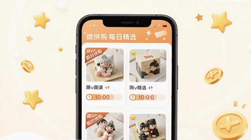 ΢ƴ��ÿ�վ�ѡƵ������ʾ��ͼ����������Ϊ�ֻ���Ļ�ڵ���Ʒ�Ƽ��б���ÿ����Ʒ��Ƭ���С���ʱƴ�����Ǳ�͵���ʱ����������������Ϊů��ɫ������׺���Ǻͽ�ҵ�װ��Ԫ�أ�ͻ��ʵ���뾫ѡ�У�����Booguģ�����ɡ�