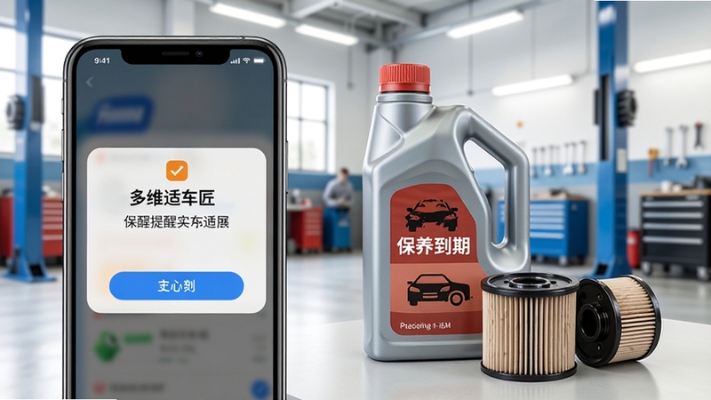 多维适车匠保养提醒功能展示图,画面中手机屏幕弹出保养到期通知,旁边放置机油瓶与滤芯等汽车养护配件,背景为明亮的车库环境,整体构图清晰,体现多维适车匠的实用提醒功能